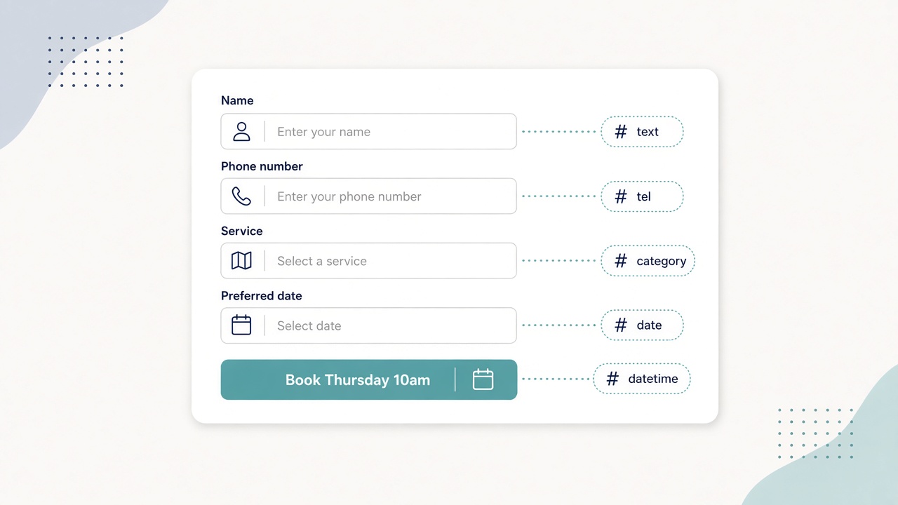 Simple online booking form with clearly labeled name, phone, service, and date fields and a Book Thursday 10am button
