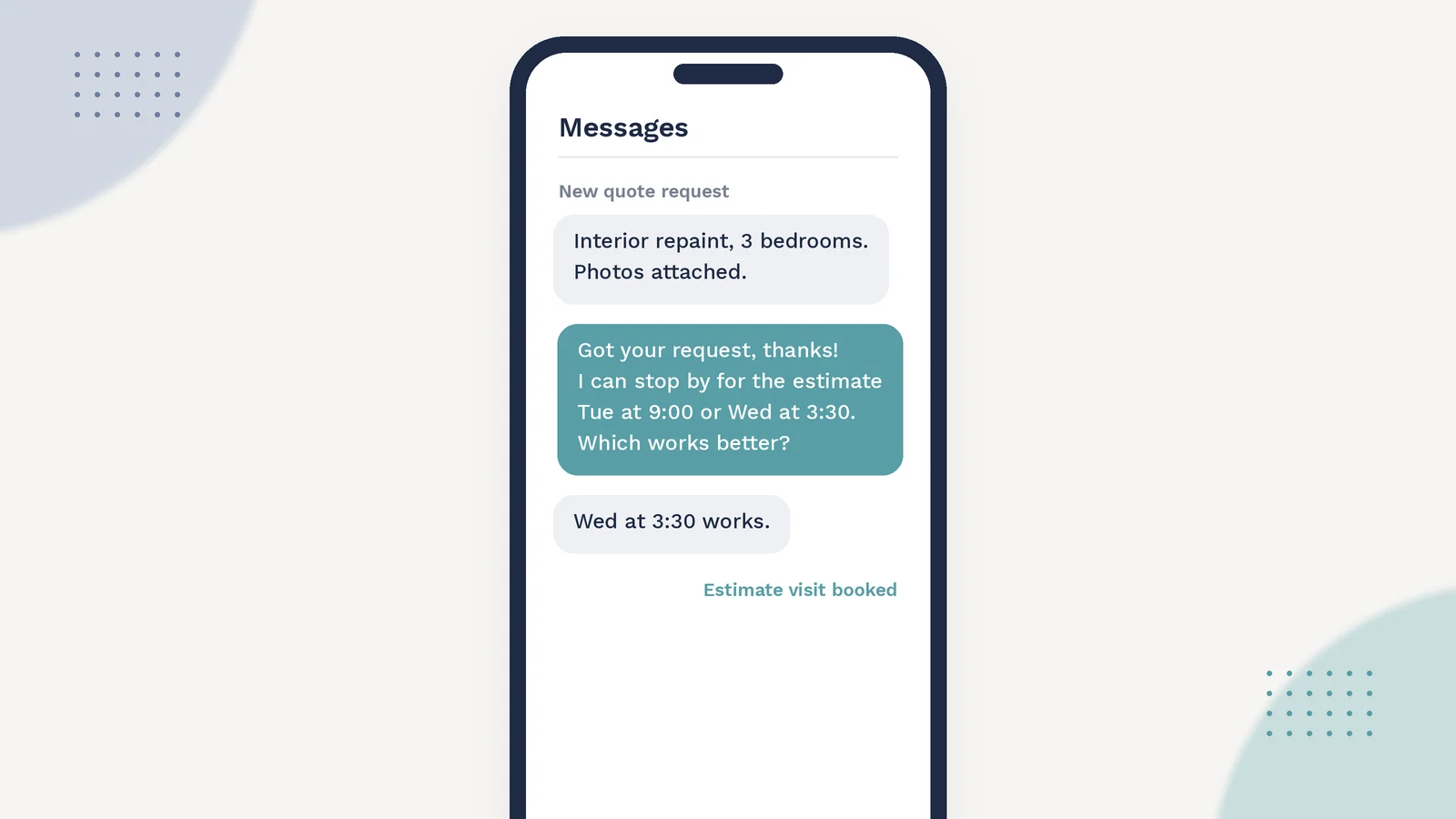 Phone screen showing a quick text reply to a website quote request, offering two estimate visit times.